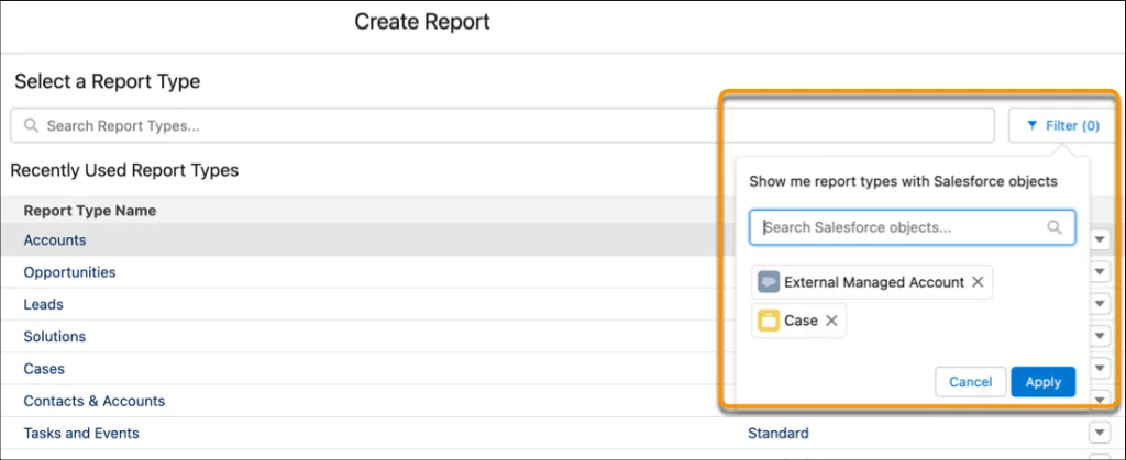 Créer des rapports basés sur des objets Salesforce sélectionnés (bêta)